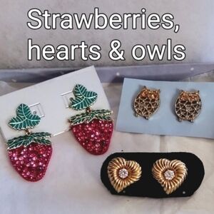 3 pr Earrings: Owls, Strawberries & Hearts